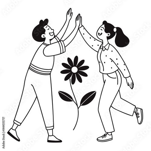 Cheerful Man and Woman Doodle HighFive with Flower, Black and White