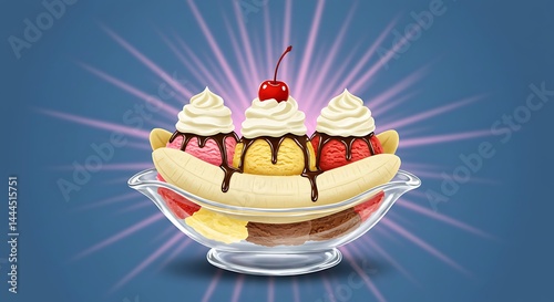 Colorful Banana Split Illustration with Whipped Cream and Cherry