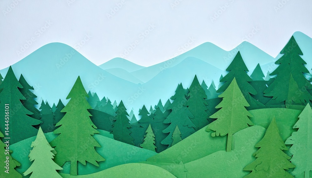 Fototapeta premium Paper Craft Mountain Landscape Featuring Green Evergreen Trees and Rolling Hills