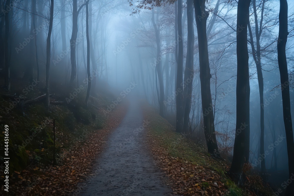 Haunting forest path enveloped in mist creates eerie atmosphere for horror enthusiasts, Haunting forest path shrouded in mist, horror Photo background Haunting forest path enveloped in mist creates eerie atmosphere for horror enthusiasts, Haunting forest path shrouded in mist, horror Photo background