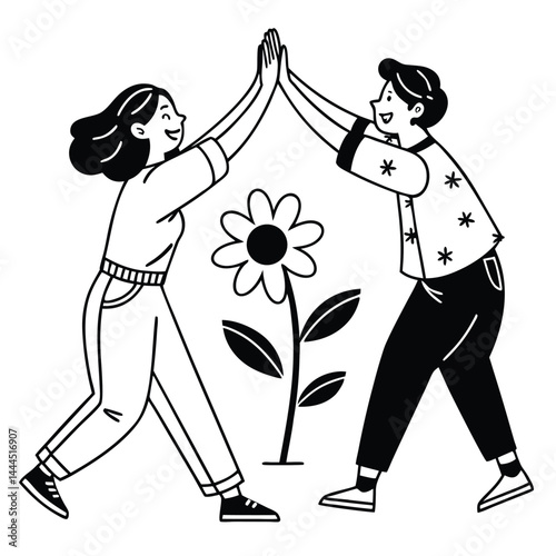 Line Art People HighFive with Flower, Outlined Cartoon Couple, Black and White