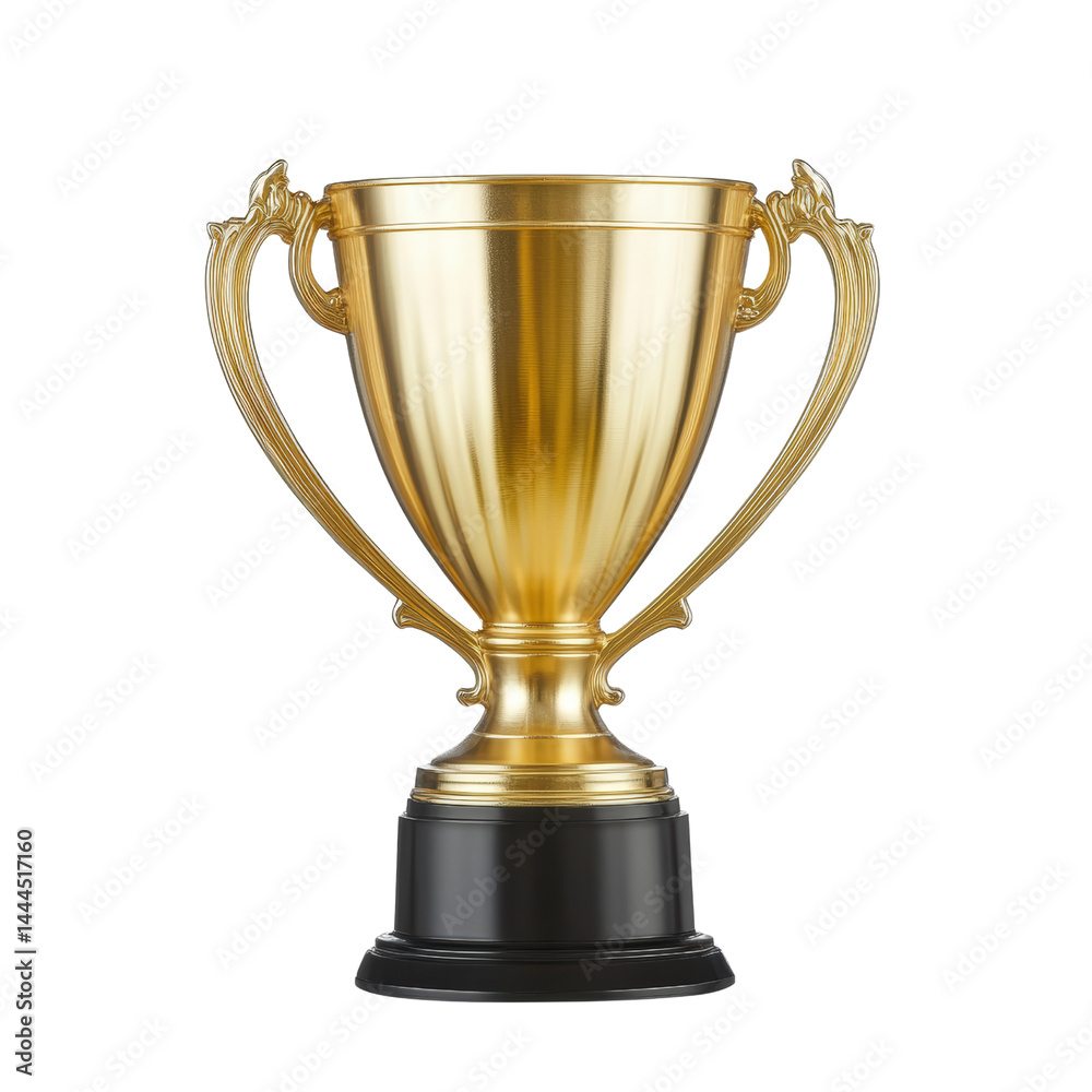Elegant golden trophy cup with detailed handles and black base symbolizing achievement and success in sports competitions or awards ceremonies Elegant golden trophy cup with detailed handles and black base symbolizing achievement and success in sports competitions or awards ceremonies