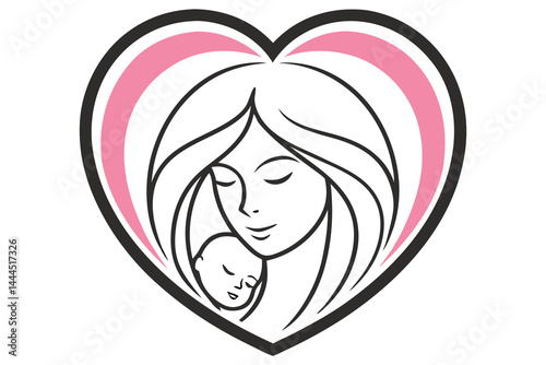 Mother lovingly holds her infant child inside a pink and black heart shape, transparent background
