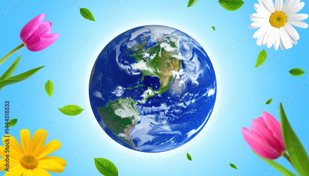 Naklejka premium Vibrant Earth Day Image Featuring Tulips Daisies and Green Leaves Surrounding Planet Earth