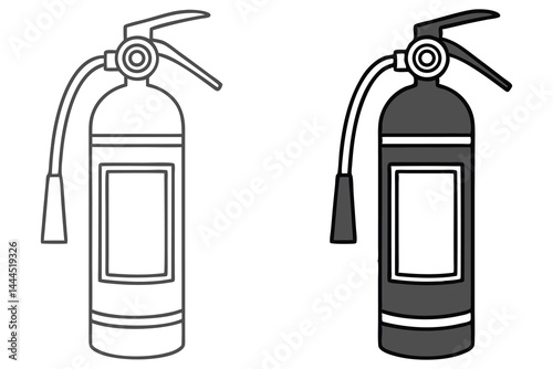 Outlined and solid fire extinguishers stand side by side with transparent background revealed clearly