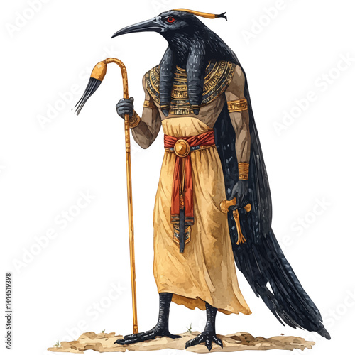 watercolor of Egyptian God Thoth With The Head Of An Ibis, vector, isolated on a white background.