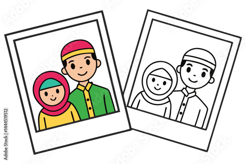 Two instant photos show smiling Muslim couples wearing traditional head coverings in simple line style