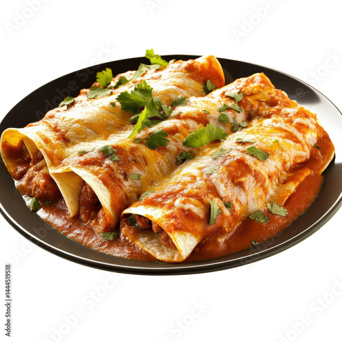 Delicious Mexican style enchiladas with melted cheese fresh cilantro and rich tomato sauce served on black plate traditional dish