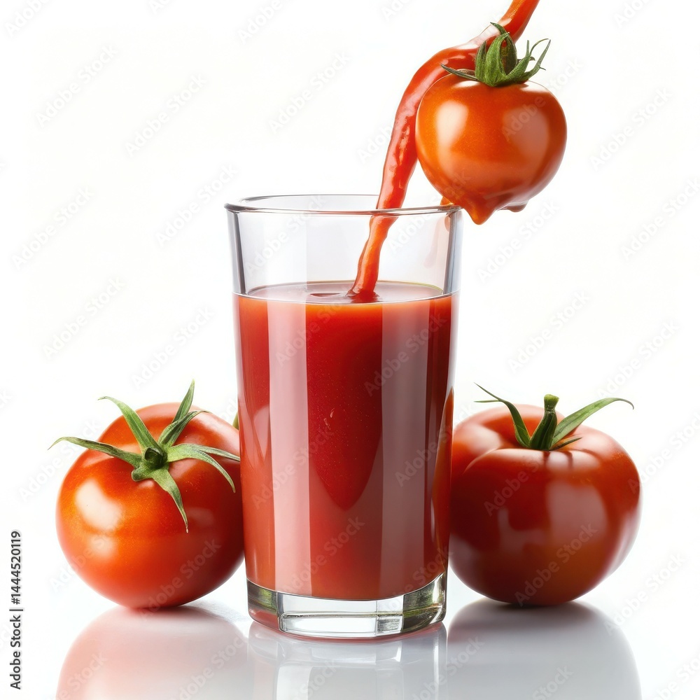 Fresh Tomato Juice Being Poured Into A Glass With Ripe Tomatoes Fresh Tomato Juice Being Poured Into A Glass With Ripe Tomatoes