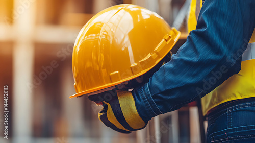 Construction Worker Holding a Yellow Hard Hat