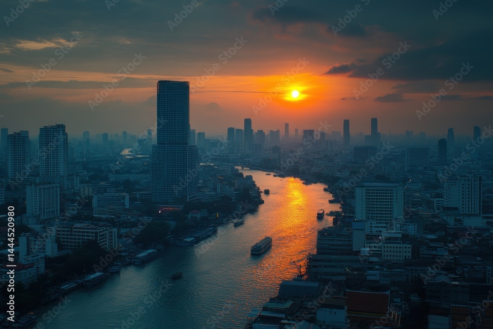 Fototapeta premium Captivating Bangkok sunrise timelapse over the Chao Phraya River with city skyline, Bangkok sunrise timelapse
