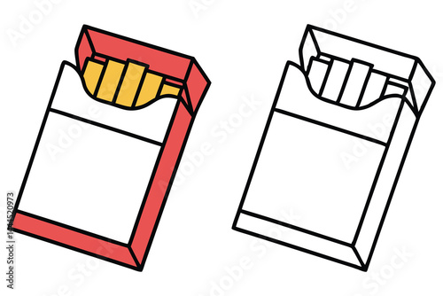 Two outlined pack images show stylized cigarettes within red and white cartons on display