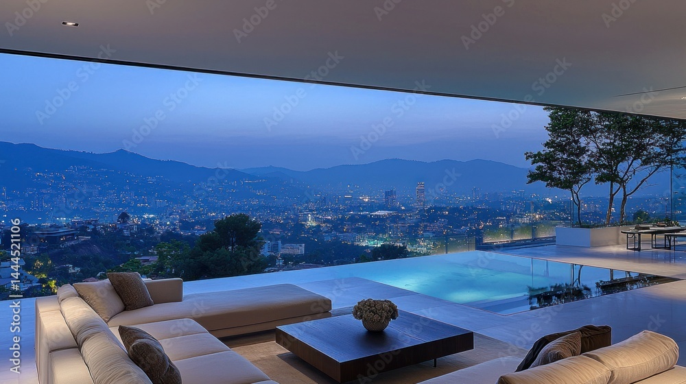 Fototapeta premium Luxury home interior features a city view and swimming pool