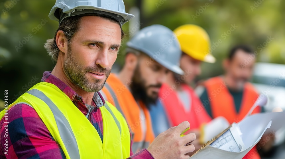 Obraz premium Confident contractor in safety vest reviewing project plans at outdoor construction site