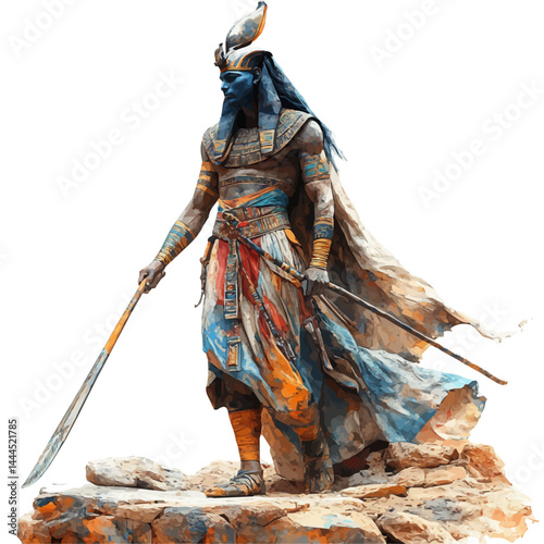 Egyptian God Osiris Rising From The Underworld, watercolor vector, isolated on a white background.