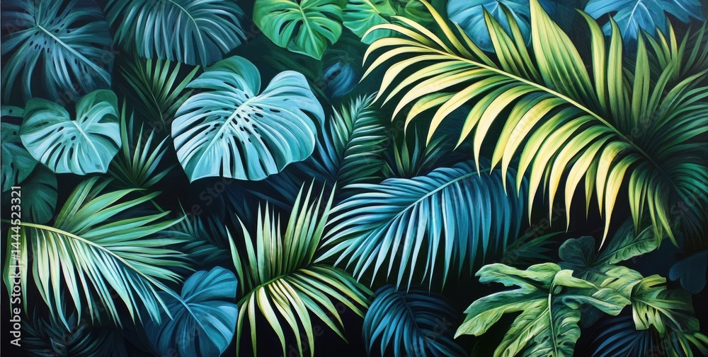 Fototapeta premium Lush tropical foliage, vibrant green and blue leaves of various types, create a dense, jungle-like scene Dark background enhances the colors