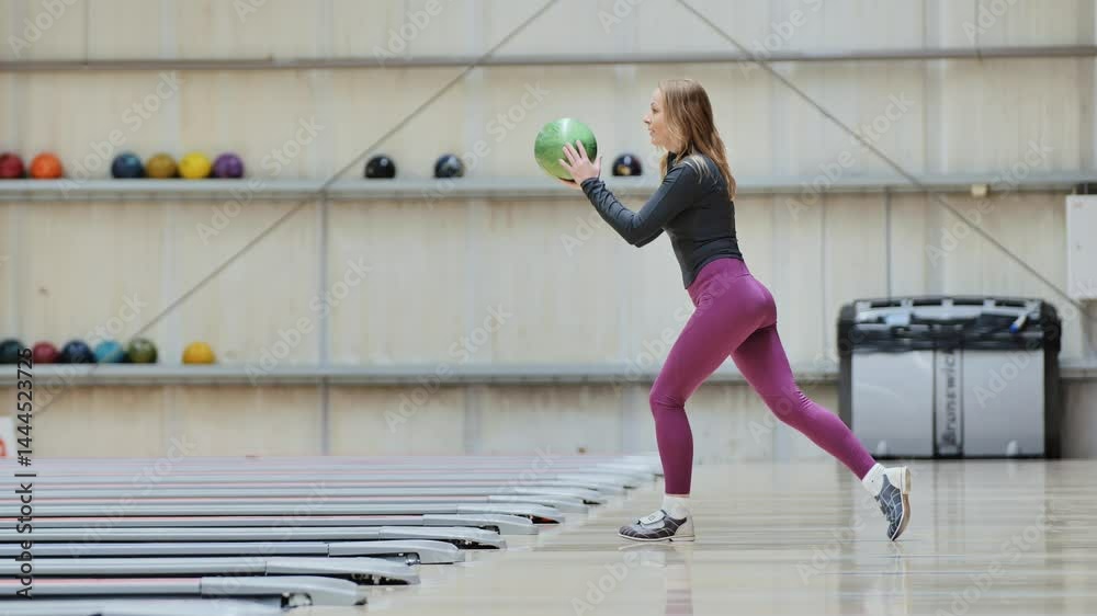 Side view slow motion throw by woman in pink leggings holding vibrant green ball