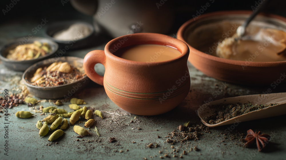 Fototapeta premium Spiced tea in a traditional cup surrounded by spices and ingredients on a rustic table