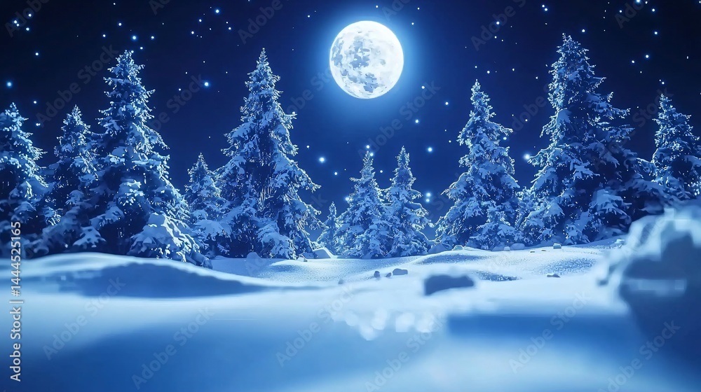 Fototapeta premium Enchanting snowy night featuring a full moon illuminating the landscape and casting shadows on the glimmering snow-covered trees