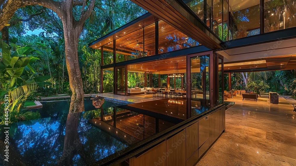 A modern house overlooks a reflective pool in a lush green environment A modern house overlooks a reflective pool in a lush green environment