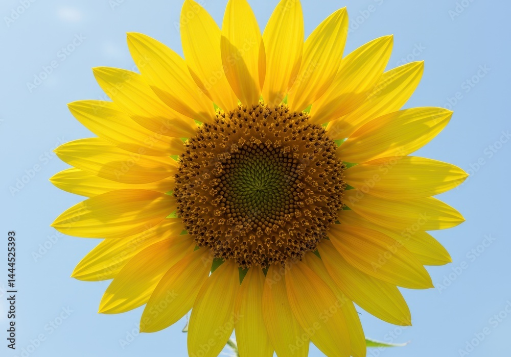 A close up shot of a sunflower in full bloom with a bright blue sky as the background element here A close up shot of a sunflower in full bloom with a bright blue sky as the background element here