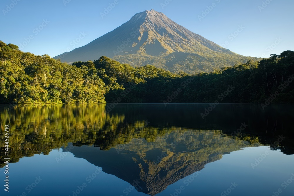 Serene Lake Reflection of Arenal Volcano in Costa Rica Lush Rainforest Scenery