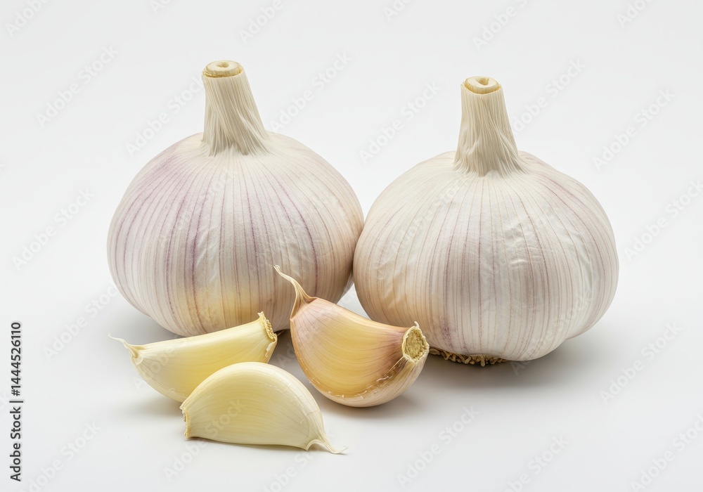 Obraz premium A close up of two garlic bulbs and several cloves on a plain white background in a studio setting