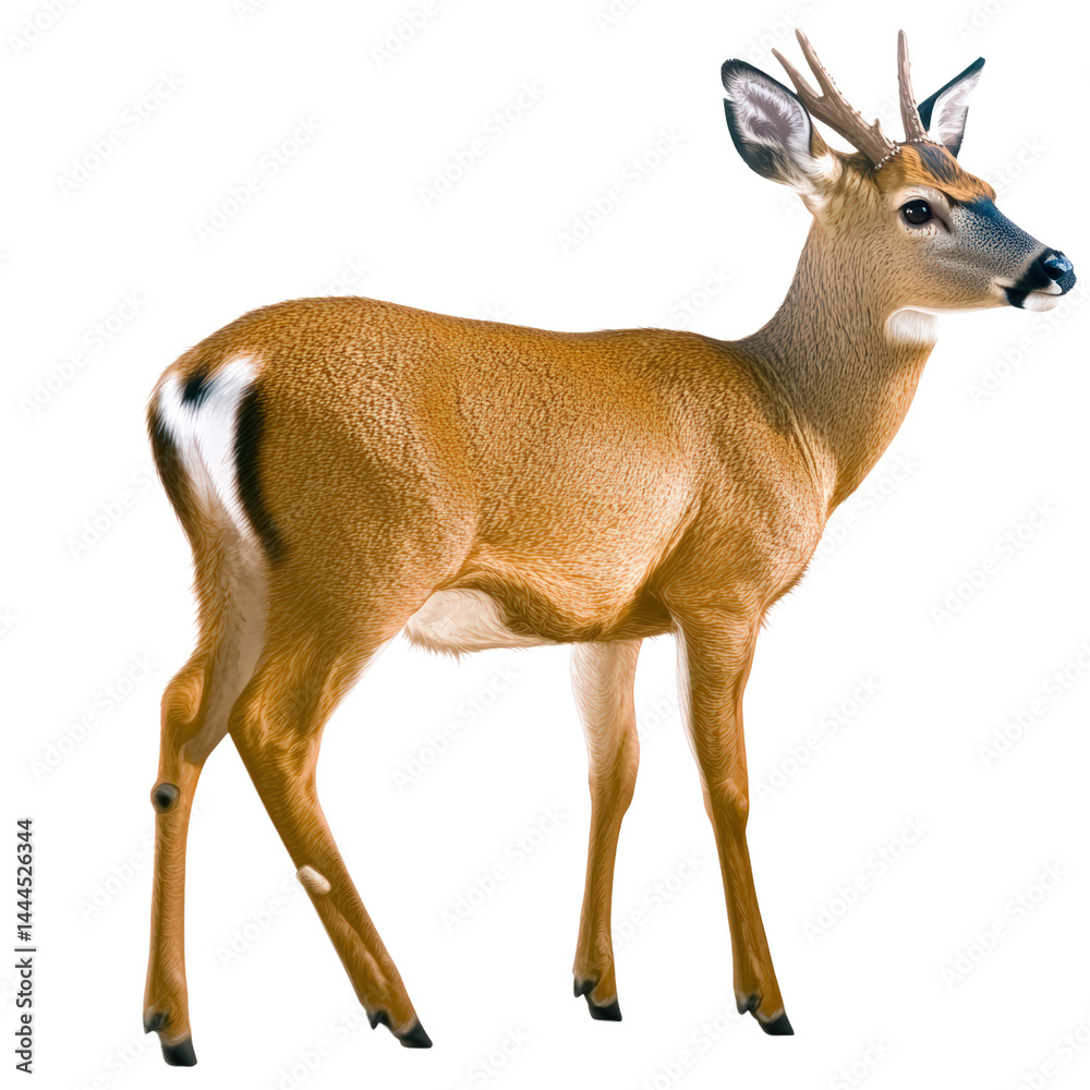 Fototapeta premium Beautiful buck with antlers standing on white background natural wildlife animal photography details and close-up view