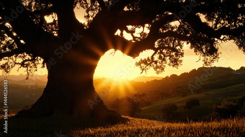 An enormous tree silhouetted against the vibrant golden sunset