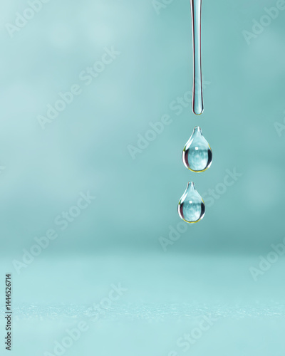 Clear Droplets of Water Falling Against a Soft Blue Background photo