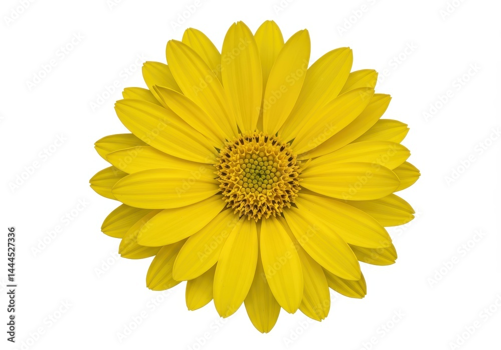 Fototapeta premium A bright yellow flower with many petals in full bloom isolated on a white background close up view