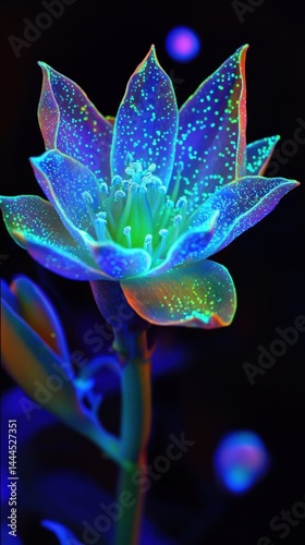 Obraz na płótnie Vibrant Fluorescent Flower Bloom Under UV Light Stunning Macro Photography of Nature's Hidden Beauty w salonie