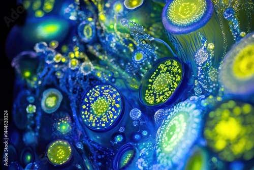 Obraz na płótnie Microscopic Universe: A Vivid Exploration of Cellular Structures and Luminescent Lifeforms w salonie