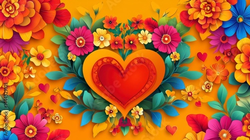 Vibrant floral heart design with colorful flowers and leaves on yellow background.