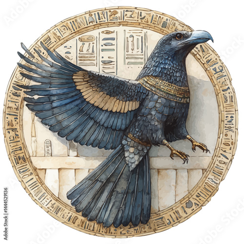 illustration of Egyptian God Horus Flying Across The Desert, watercolor vector, isolated on a white background.