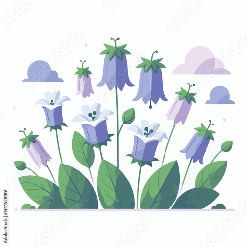 flower, bellflower, summer, plant, botanical, purple, spring, blossom, blue, floral, illustration, green, flora, campanula, isolated, bloom, leaf, bell, background, bluebell, nature, design, bouquet, 