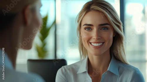 Happy blonde hr manager smiles at job applicant during interview at workplace. Executive women discuss project in corporate office, recruiting employee or business consultation. Free Download Happy blonde hr manager smiles at job applicant during interview at workplace. Executive women discuss project in corporate office, recruiting employee or business consultation. - GFXLoad