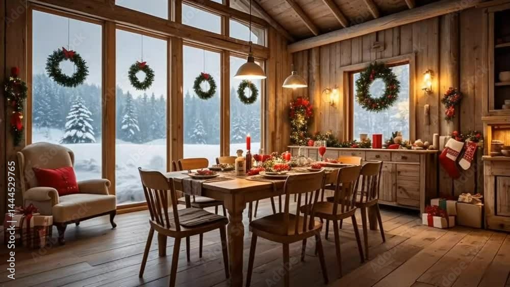 The wooden table and chairs define the dining area within the restaurant's stylish interior room The wooden table and chairs define the dining area within the restaurant's stylish interior room