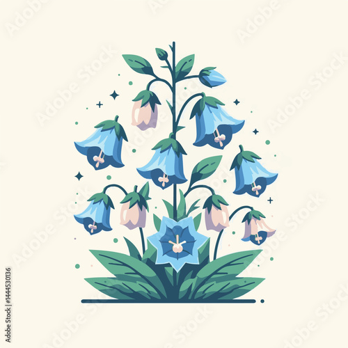 flower, bellflower, summer, plant, botanical, purple, spring, blossom, blue, floral, illustration, green, flora, campanula, isolated, bloom, leaf, bell, background, bluebell, nature, design, bouquet, 