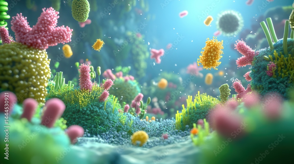 Microscopic World: A Vibrant Visualization of Microorganisms in a Colorful Ecosystem