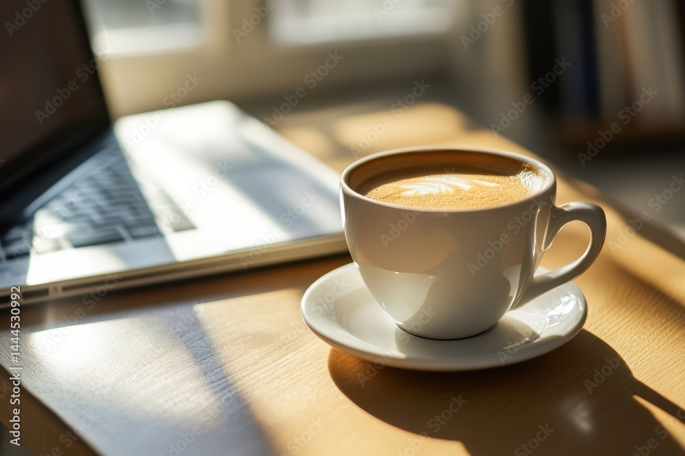 Enjoying coffee while working on a laptop at a cozy indoor table in the morning light, coffee cup and computer on table, working concept for business at home Enjoying coffee while working on a laptop at a cozy indoor table in the morning light, coffee cup and computer on table, working concept for business at home