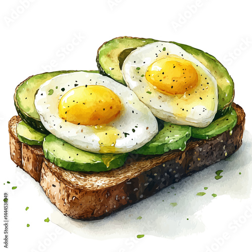 Eggs And Toast With Avocado Slices, watercolor vector, isolated on a white background.