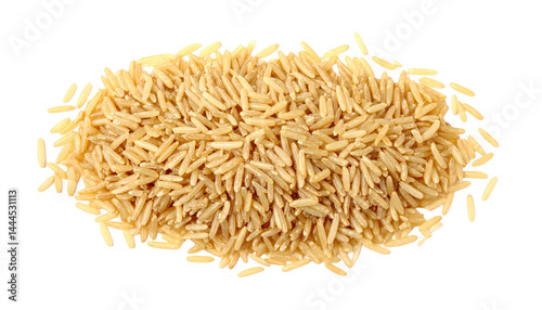 Integral, uncooked long grain brown rice pile isolated on white background, top view 