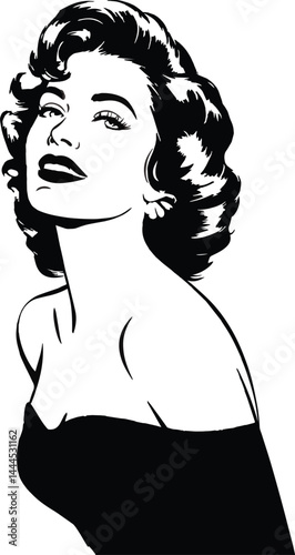 retro black and white illustration of a woman with voluminous hair and strapless dress, vintage style artwork
