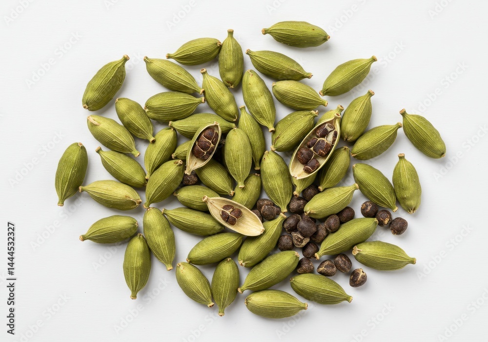 A scattering of green cardamom pods with some pods opened revealing the seeds on white background A scattering of green cardamom pods with some pods opened revealing the seeds on white background