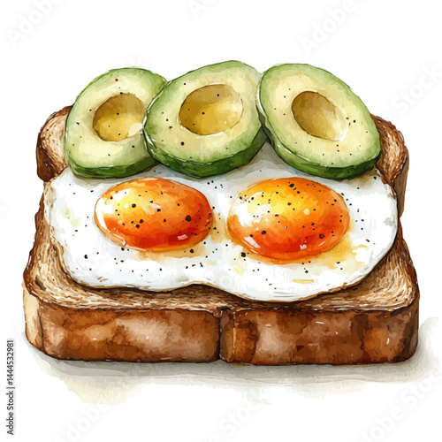 illustration of Eggs And Toast With Avocado Slices, watercolor vector, isolated on a white background.