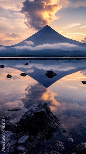 Majestic Volcanic Reflection at Sunrise: A Serene Lake Mirrors the Peak