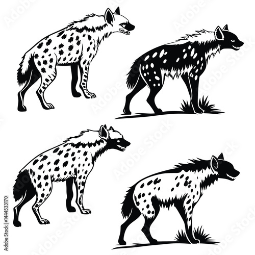 Striking Black and White Hyena Multiple Poses, Wild Animal Concept