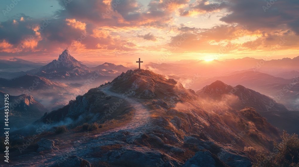 Naklejka premium religion background, christian cross on the mountain road over sunset sky