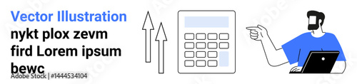 Man working on laptop gestures toward calculator and upward arrows, conveying analysis and growth. Ideal for finance, business strategy, accounting, data trends, research, education, flat landing